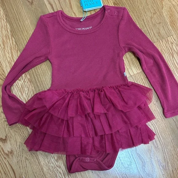 NWT Posh Peanut Burgundy waffle LS toddler Onsie with Tulle Skirt 18-24mo - Picture 1 of 4